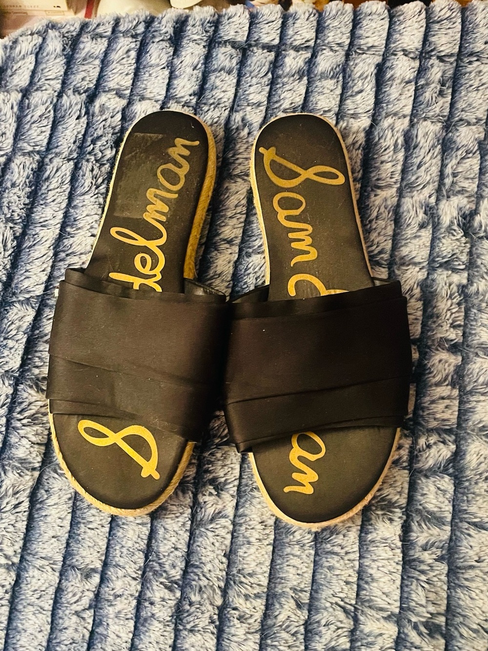 Sam Edelman Black Slide Sandals with Gold Script